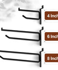 Heavy Duty 8 Inch Slatwall Double Bar Hooks Black 50 Pack for retail displays and trade shows shown with size options