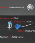 LED Latching Push Button Switch 16mm Stainless Steel IP67 Waterproof 5-24V 20A 1NO With Wire Socket Plug Blue for marine use