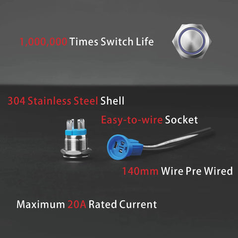 LED Latching Push Button Switch 16mm Stainless Steel IP67 Waterproof 5-24V 20A 1NO With Wire Socket Plug Blue for marine use