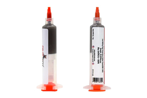 Two syringes of Low Temp Solder Paste Melts At 138 C For Heat Sensitive PCB Repairs Sn42 Bi58 Lead Free 38g shown front and back