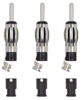 Universal DIN Plug Car Radio Adapter Kit For Antenna Connector And Crimp Repair With Plug And Play Confidence For ISO 50 Ohm Coax RG58 RG174 Cables In Car Stereo CD DVD FM AM Systems, showing three silver plug adapters with black ISO sockets.