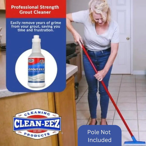 Woman cleaning kitchen floor with pole and Grout Cleaner 2 Pack With Stand Up Brush Attachment For Heavy Duty Stain Removal In Bathrooms Showers Ceramic Porcelain Tile And Grout Easy Control Flip Top Cap 32 Oz Grime Busting.