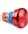 Metal Emergency Stop Push Switch With Self Locking Rotary Mushroom Cap IP65 Waterproof showing side connectors and reset markings