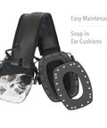 Impact Sport Electronic Shooting Earmuff With 4x Sound Amplification and Auto Shutoff to 82 dB 22 NRR Hearing Protection showing ear cushions and easy maintenance features in smoke color.