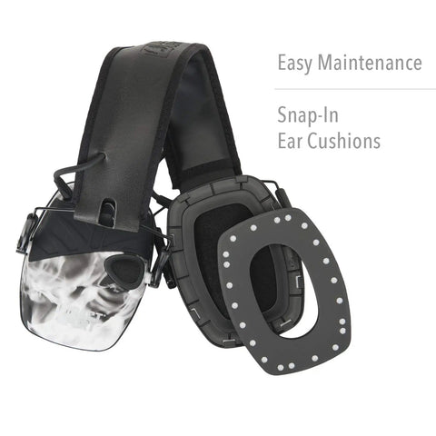 Impact Sport Electronic Shooting Earmuff With 4x Sound Amplification and Auto Shutoff to 82 dB 22 NRR Hearing Protection showing ear cushions and easy maintenance features in smoke color.