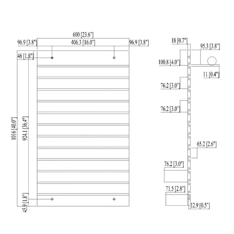 Technical drawing of 24 By 40 Inch Black Slatwall Panel For Home Garage And Retail Display, showcasing dimensions and slots.