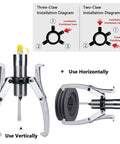 Kickass Heavy Duty 2 Or 3 Jaw Hydraulic Gear Puller With Hand Pump Smooth Bearing Separator installation diagram showing use vertically and horizontally.