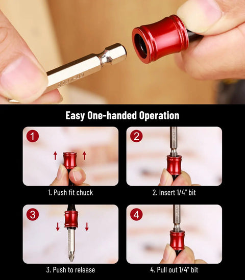 Lightweight 1/4 Inch Hex Shank Aluminum Bit Holder With Quick Change Extension Bar And Keychain Carabiner For Drill Bits demo