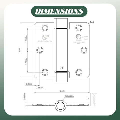 Oil Rubbed Bronze Self-Closing Door Hinge, Heavy-Duty 3.5 Inch Auto Closer With 3 1/2 Inch Spring Hinge, 5/8 Inch Radius Corner, dimensions diagram.