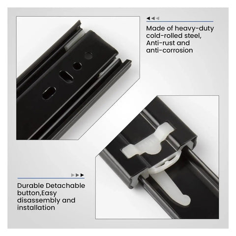 Close-up of Premium Side Mounted Ball Bearing Drawer Slides 12 Inch Full Extension Steel Hardware, showing durable steel and detachable button.