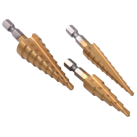 Hex Shank Quick Change Step Drill Bit Set One Quarter Inch Shank HSS Titanium Coated Spiral Grooved Bits 3-12mm 4-12mm 4-20mm