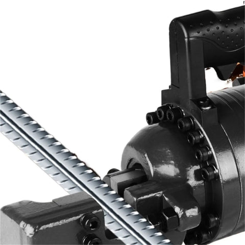 Power Cordless Rebar Cutter With Pure Copper Electric Motor For Fast Hydraulic Steel Rod Shearing Handheld Portable tool detail shot with rebar.