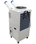 Heavy Duty Portable Air Conditioner With 18,700 Btu Output And Smart Dual Hose Rig, commercial spot cooler with blue hoses.