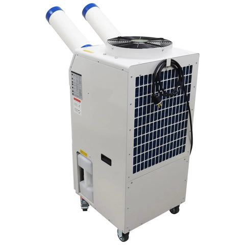 Heavy Duty Portable Air Conditioner With 18,700 Btu Output And Smart Dual Hose Rig, commercial spot cooler with blue hoses.