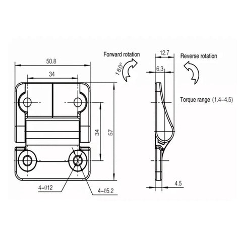 Technical drawing of Zinc Alloy Torque Hinge For Furniture And Doors, Black Cabinet Box Hinge, 3.4Nm Torque, with measurements.