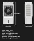 Smooth 3in1 Evaporative Air Cooler With Massive 40L Tank And Three Adjustable Speeds, showcasing dimensions and features.