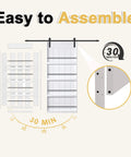 Easy assembly instructions for Paintable 36x84 Barn Door with 6.6 Ft Hardware Kit, showing built-in shelf and installation details.