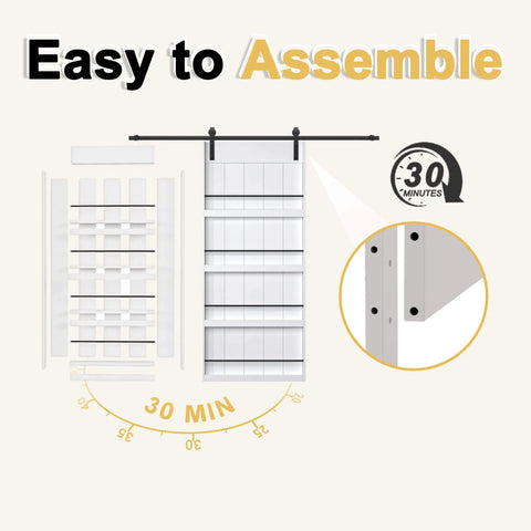 Easy assembly instructions for Paintable 36x84 Barn Door with 6.6 Ft Hardware Kit, showing built-in shelf and installation details.