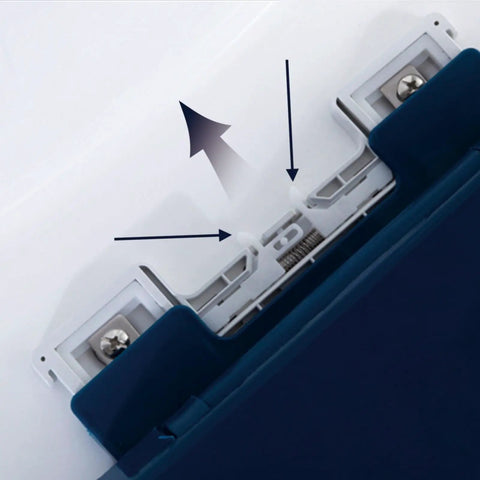 Close-up of quick release soft close toilet seat hinges for easy installation, part of Upgrade Your Bathroom With This Top Notch Quick Release Soft Close Toilet Seat Featuring Hella Smooth Silent Shut Hinges And Ultra Durable Polypropylene Construction Designed For Easy Install On Most Standard Oval Fixtures.