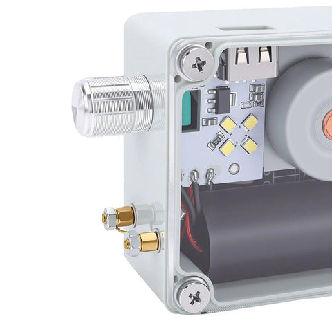 Close-up of internal components of Hand Crank Generator 5-In-1 Survival Tool For Off-Grid Power, showing circuit board and wiring.