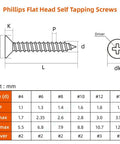 Phillips Flat Head Self Tapping Screws size chart, detailing measurements for #4 to #14 screws in mm.