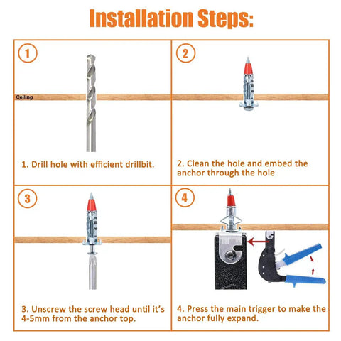 Installation steps for 52 Piece Zinc Plated Steel Hollow Wall Anchors Kit For Drywall With 35mm 46mm 59mm Length Screws
