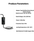 Portable Type 2 EV Charger 3.5KW 16A 1 Phase EVSE diagram with charging parameters and specifications.