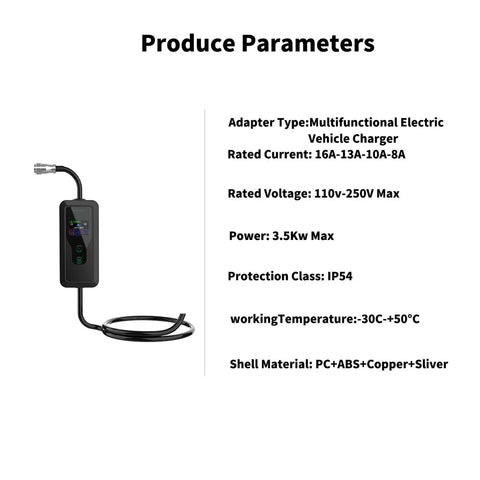 Portable Type 2 EV Charger 3.5KW 16A 1 Phase EVSE diagram with charging parameters and specifications.