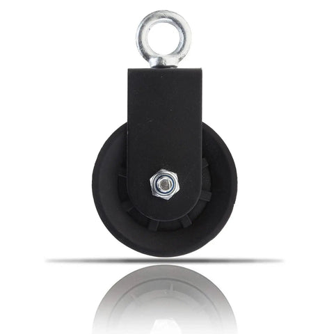 Cable Pulley System With 360 Degree Rotation And Silent Operation, black pulley with metal eyelet and nut, front view.