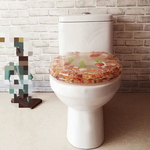 Universal Soft Close Toilet Seat Featuring A Chic Print Design And Heavy Duty Resin Construction For No Sweat Setup And Years Of Ultra Smooth Bathroom Comfort on standard toilet.