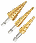 Awesome Socoje Step Drill Bit Set: 3-Piece Hex Shank HSS Cone Bits, Titanium Coated For Quick DIY Wood And Plastic Projects, Perfect For Heavy Duty Drilling Tasks, three gold step bits