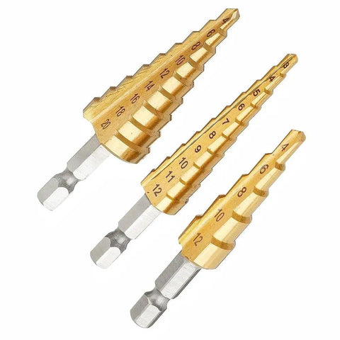 Awesome Socoje Step Drill Bit Set: 3-Piece Hex Shank HSS Cone Bits, Titanium Coated For Quick DIY Wood And Plastic Projects, Perfect For Heavy Duty Drilling Tasks, three gold step bits