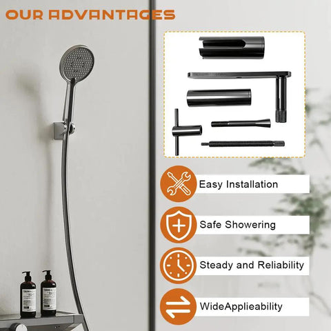 Showerhead with components for easy installation, safe showering, steadiness, and wide applicability benefits displayed