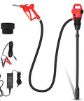 Beefy Electric Drum Pump With 120V AC and 12V DC Power, red pump with 33.5 to 49 inch telescoping suction tube and swivel nut nozzle