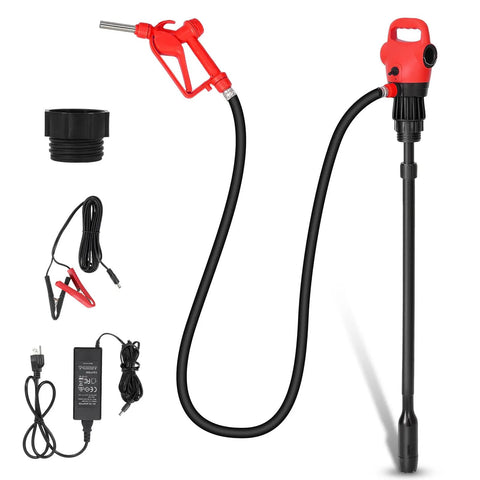 Beefy Electric Drum Pump With 120V AC and 12V DC Power, red pump with 33.5 to 49 inch telescoping suction tube and swivel nut nozzle
