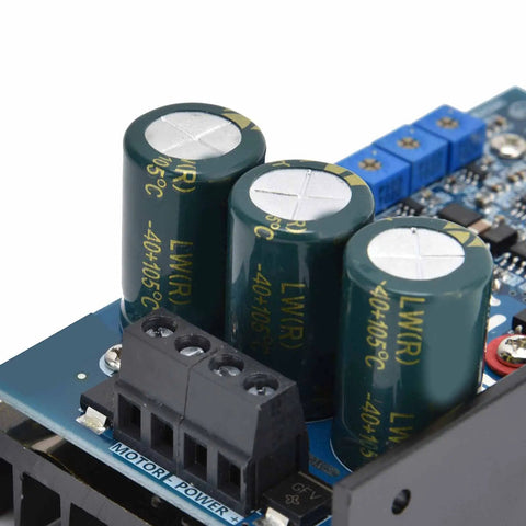 Close-up of Beefed Up High Performance Controller Board with visible capacitors for 1 channel motor control and industrial automation.
