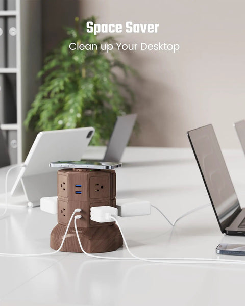 Power Strip Surge Protector Tower With 15W Wireless Charger 13A Charging Station 1050J Surge Protection 8 AC Outlets And 4 USB Ports