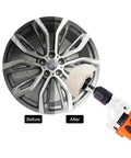 Super Smooth Cotton Polishing Cone Kit With 6mm Shank For Buffing Car Paint And Waxing Details Fast Using Any Rotary Tool In 1 Or Multiple Piece Sets, showing before and after polished wheel.