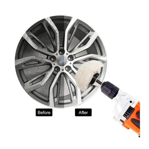 Super Smooth Cotton Polishing Cone Kit With 6mm Shank For Buffing Car Paint And Waxing Details Fast Using Any Rotary Tool In 1 Or Multiple Piece Sets, showing before and after polished wheel.