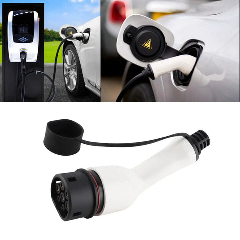 Premium Electric Vehicle Charging Adapter 3 Phase 32 Amp 22 Kilowatt Female Socket Receptacle for Type 2 Phev And BEv Cars in use with charging station.