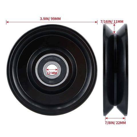 Front and side views: Skelang black 4-inch V-groove gate wheel with 12 mm bore and double bearings for inverted V track