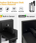 Dusk To Dawn Outdoor Wall Sconce With Photocell Sensor, Waterproof IP65; built-in vs. no sensor comparison for black lantern.