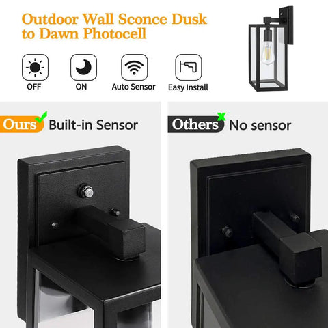 Comparison of Outdoor Wall Light With Dusk To Dawn Photocell, IP65 Waterproof All Weather No Fuss Wall Mount Fixture For Porch Garage And Doorway, Clear Glass Shade, E26 Socket Exterior Lamp with built-in sensor versus without sensor.