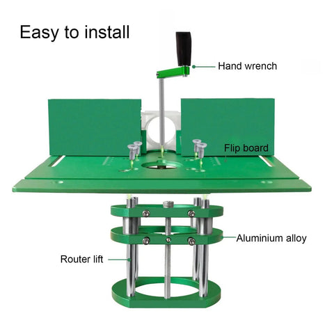Adjustable Router Lift System With Heavy Duty Aluminum Base Plate And Manual Depth Control For Weekend Warriors featuring green aluminum base, hand wrench, and router lift mechanism.