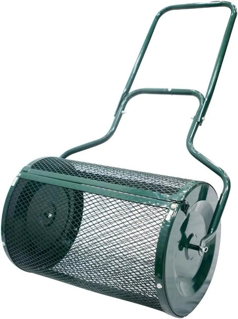 24 Inch Compost Spreader For Garden And Lawn, Push Or Tow Behind Roller Spreader For Fertilizer Peat Moss And Compost, Durable Rust Resistant Powder Coated Finish, Diamond Shaped Slits For Even Coverage, Easy Assembly With 11 Inch Filling Door