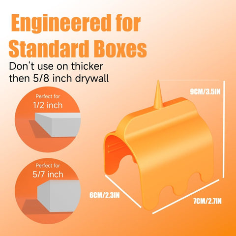 Six Pack Drywall Outlet Marker Tool For Precise Electrical Box Locator, orange tool showing dimensions and use on drywall