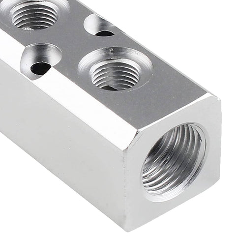 7 Way Pneumatic Manifold Air Distribution Block With G1/2 Supply Ports And G1/4 Output Ports In Aluminum Alloy close-up view
