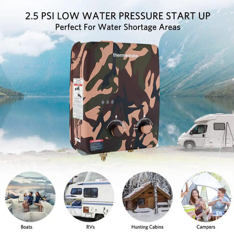 5L Portable Propane Tankless Water Heater for Outdoor Living, 1.32 GPM Flow, 34,000 BTU Per Hour, camouflage finish
