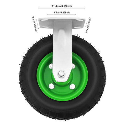 8 Inch Pneumatic Caster Wheels Set Of 4 Including Two Swivel And Two Rigid, showing green rim and heavy duty rubber tire design.