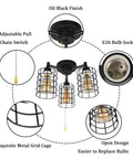 Industrial Black Ceiling Light With Pull Chain And Metal Wire Cage Semi Flush Mount Steampunk Edison Style Fixture 3 Light E26 Hardwired UL Listed Adjustable 42 Inch Chain Ideal For Bedroom Living Room Hallway showcasing features like oil black finish, adjustable pull chain, E26 bulb socket, and metal grid cage